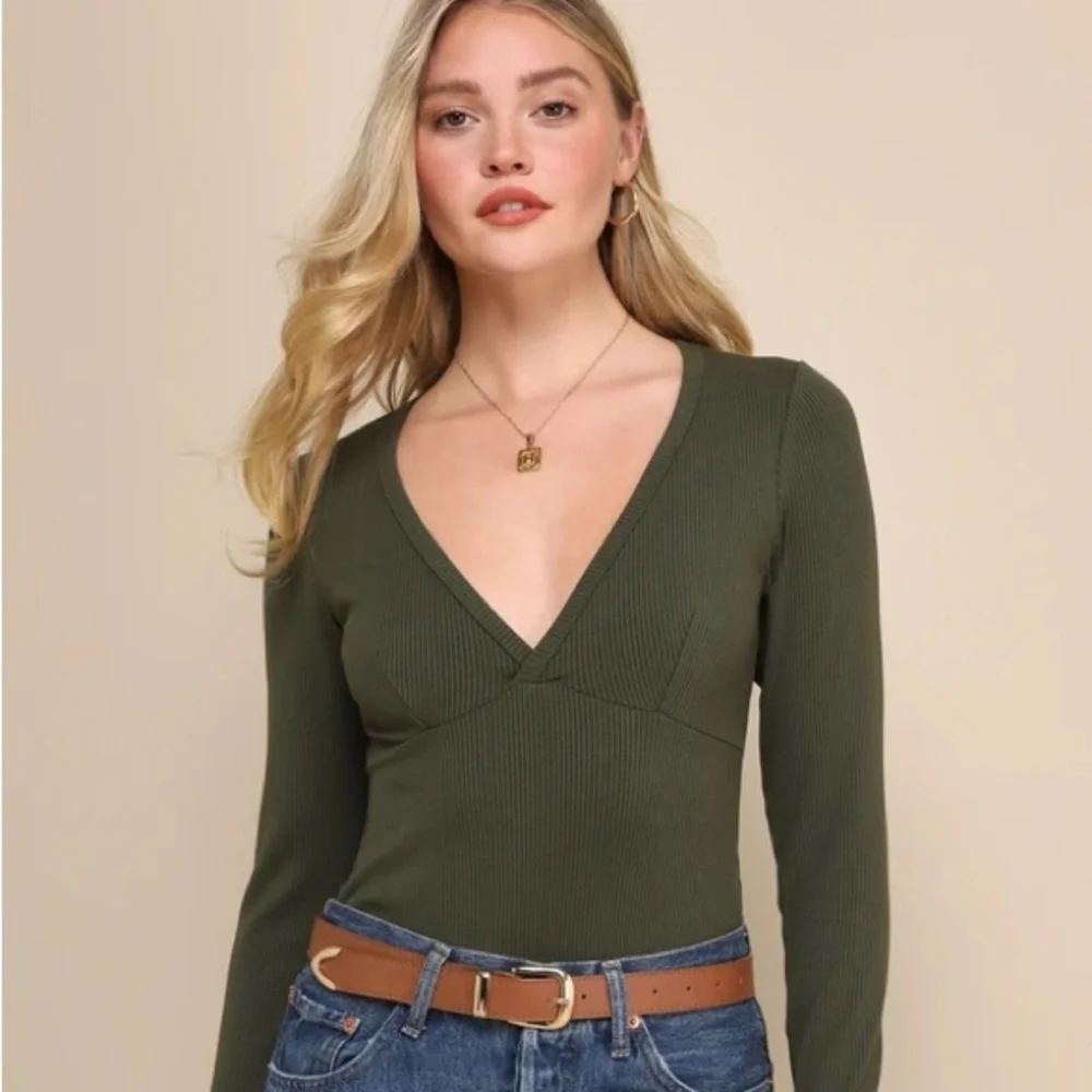 LULUS Always Aesthetic Olive Green Ribbed Long Sleeve Bodysuit - Picture 1 of 8